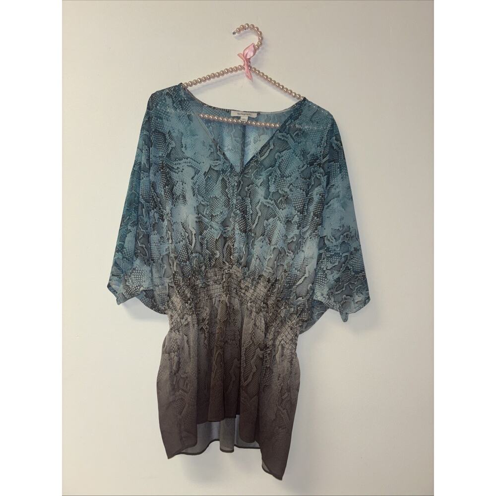 Monograph‎ Sz Sm Snake Skin Print Teal Brown Blouse Sheer Swim Cover Up Beachy